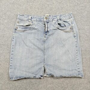 Vintage Stamp 10 Skirt Womens 10 Blue Denim Mini Raw Hem Front Slit Stretch